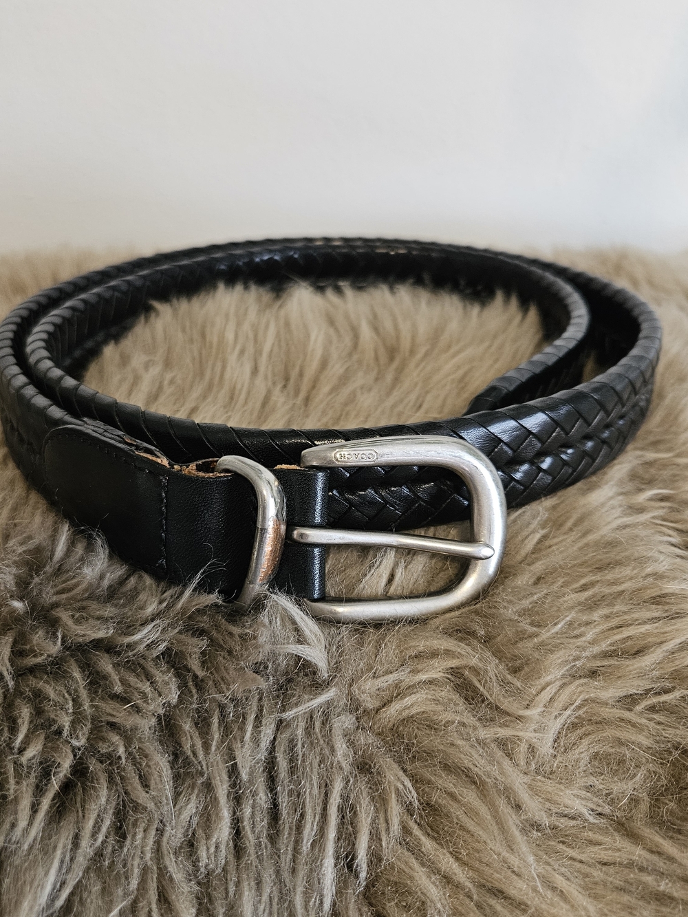 Coach Black Braided Leather Belt Silver Buckle 40"